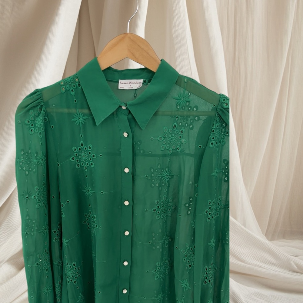 Elegant embroidered Sheer Shiffon Blouse with Pear Button Cuffs
